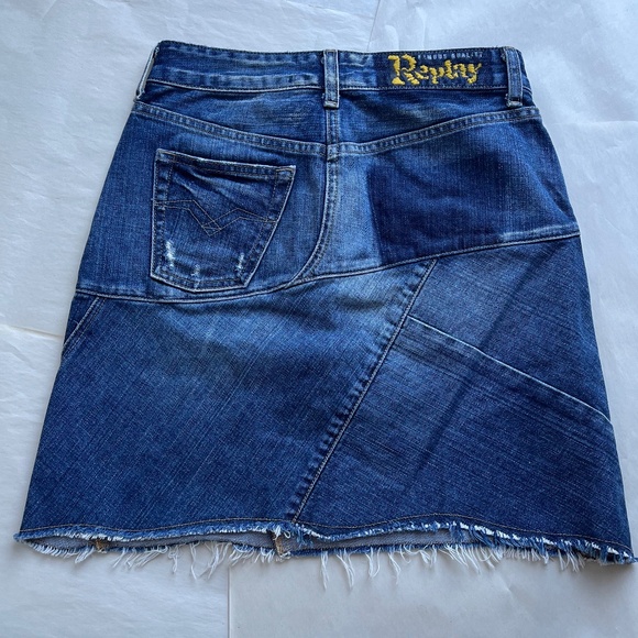 Replay Denim Blue Jean Raw Hem Fringe Studded Casual A-line Midi Skirt 26 - Picture 4 of 10